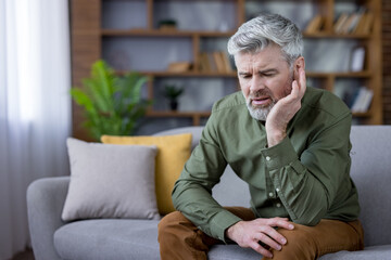 Mature man with gray beard sitting on a couch, holding his ear in discomfort, grimacing from ear...
