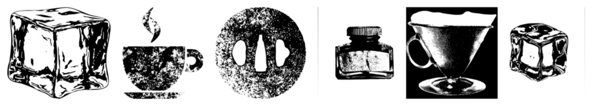 Chunky ice cube with frosty edges, java cup, ink bottle, coffee filter all rendered in gritty halftone texture. Call it a chill cube or brew mug for casual vibes.