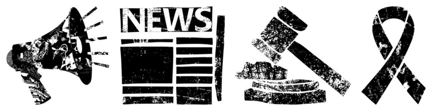 Shouting megaphone, court gavel, newsprint layout street protest vibes with mourning ribbon. Call it a bullhorn, legal hammer, or press sheet. Raw stencil energy for activism or branding.