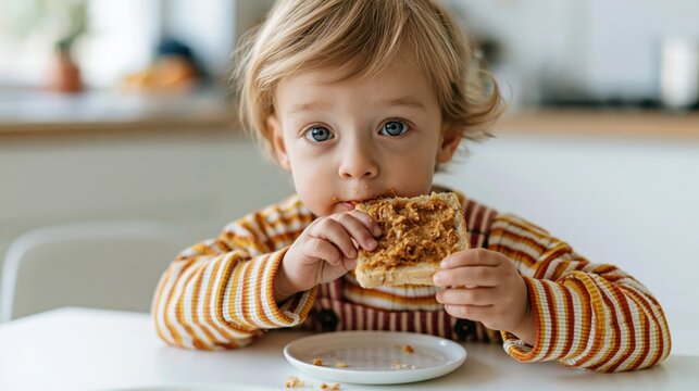 Toddler enjoying peanut butter toast in striped overalls at the kitchen table