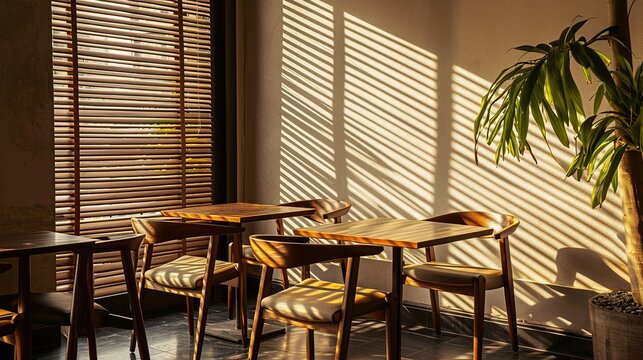 Bright Sunlit Caf? Interior with Wooden Tables, Shaded Stripes, and Plants