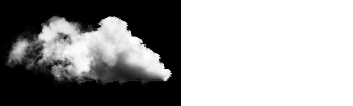 Single white cloud isolated on black background, realistic cumulus cloud for sky replacement, high resolution cloud texture for design isolated on transparent background