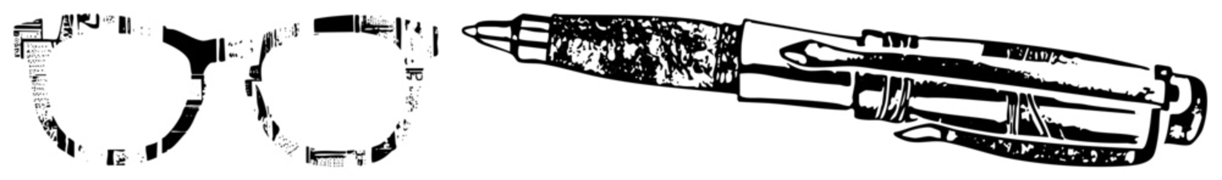 Rugged fountain pen & spectacles in gritty halftone, dubbed &ldquo;ink scribbler&rdquo; or &ldquo;geek specs&rdquo; ideal for edgy branding, indie zines. Rough textures, stark contrast evoke vintage DIY vibe, suited for pr