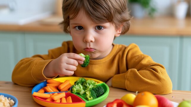 Young child hesitantly tries a piece of broccoli from a colorful divided plate