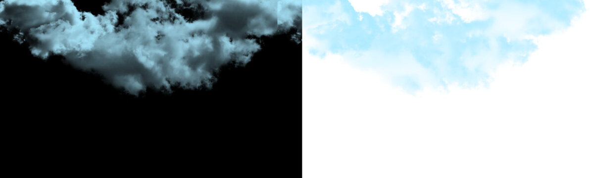 Realistic fluffy cloud isolated on black background for overlay, light blue cloud texture for design, natural cloudscape element isolated on transparent background