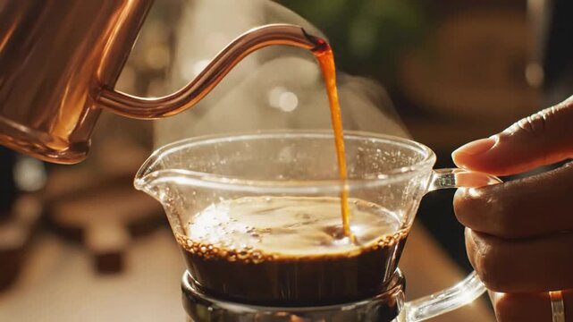 Pouring hot fresh coffee into glass carafe, close-up slow motion of morning brew, barista preparing specialty drip coffee in cozy cafe setting
