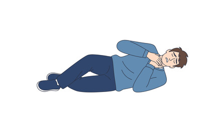Naklejka premium Man lying on side holding throat feeling neck pain or discomfort