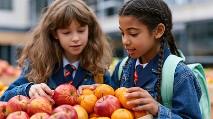 Fototapeta premium Two schoolgirls in uniform choosing fresh apples and oranges from a market stall