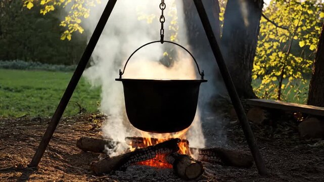 A large black cauldron suspended over a campfire.