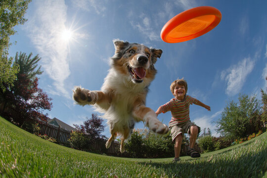 child playing frisbee with dog on green lawn in summer, having fun outside