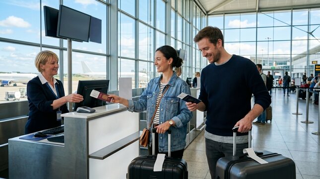 Couple Checking In Luggage at Modern Airport Terminal