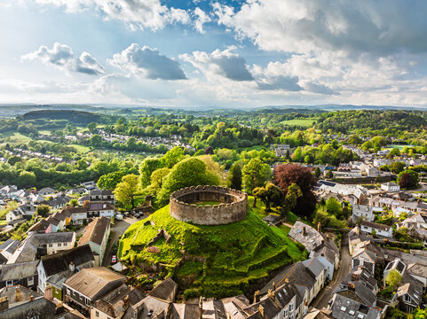 Totnes Castle from a drone, Totnes, River Dart, Devon, England
