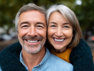 Obraz premium Joyful mature couple embracing outdoors, radiating happiness and togetherness. Perfect for lifestyle and relationships content.