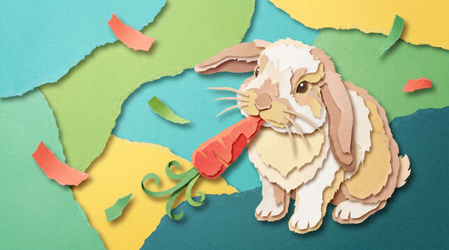 Paper rabbit holding a fresh carrot on a colorful background  