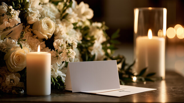 Peaceful memorial setup with white flowers, candles, blank condolence card and cross on marble table, soft sunlight and elegant shadows, serene sympathy background for funeral and remembrance design.