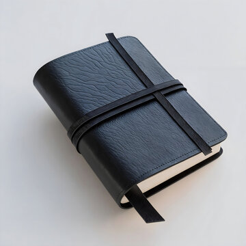 A black leather journal with a strap closure and a bookmark rests on a surface. The journal is closed and appears elegant and professional, suitable for notes or personal reflections