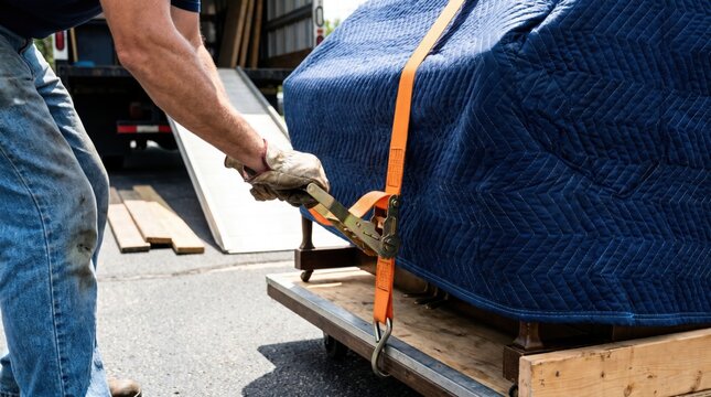 Mover tightening an orange ratchet strap to secure a furniture piece wrapped in a blue moving blanket on a dolly