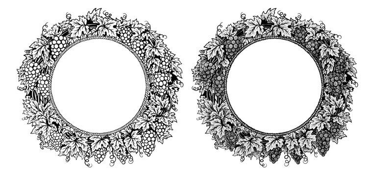 Grapevine round wreath with rope frame inside. Two hand drawn different sketches style frames for wine labels, winery branding, distillery, cellar, refinery. Vector illustration isolated on white