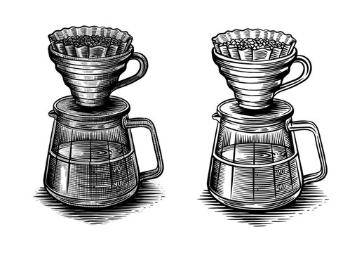 Pour over coffee dripper glass brewer manual brewing. Vector illustration in sketche styles isolated on white. Suitable for cafe, trade company, roasting labels, packaging, branding, menu design, logo