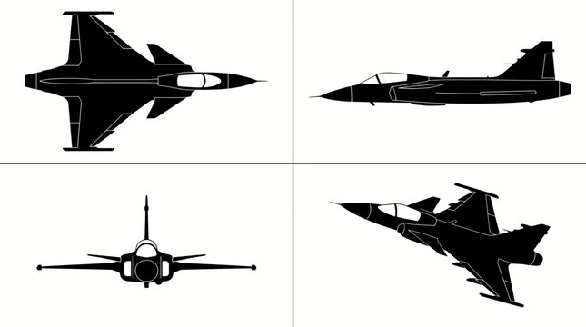 Saab JAS 39 Gripen Multirole Fighter Jet Black Silhouette Set 4 Views Top Side Front Angle Vector Illustration