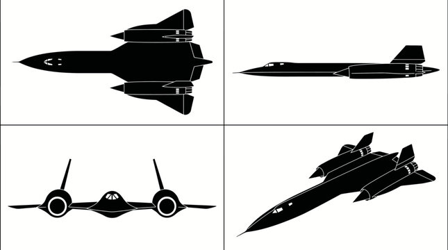 SR-71 Blackbird Strategic Reconnaissance Spy Plane Black Silhouette Set 4 Views Top Side Front Angle Vector Illustration