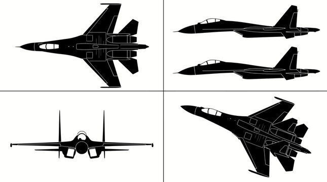 Sukhoi Su-35 Flanker-E Supermaneuverable Fighter Jet Black Silhouette Set 4 Views Top Side Front Angle Vector Illustration