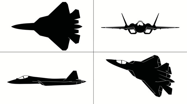 Sukhoi Su-57 Felon Stealth Multirole Fighter Jet Black Silhouette Set 4 Views Top Side Front Angle Vector Illustration