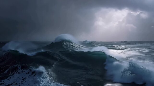 Powerful, churning ocean waves swelling and crashing under a dark, dramatic sky, with rays of light breaking through the storm clouds for an epic and moody cinematic natural scene
