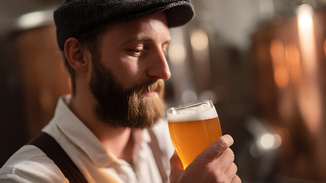 Craft beer artisan with a full beard and baker boy hat, carefully assess aroma and quality of golden microbrewed beverage in a glass
