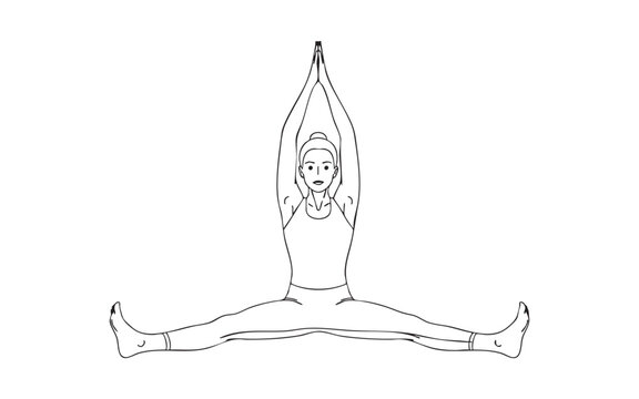 Line drawing of athletic woman performing wide leg seated straddle stretch yoga pose for flexibility.