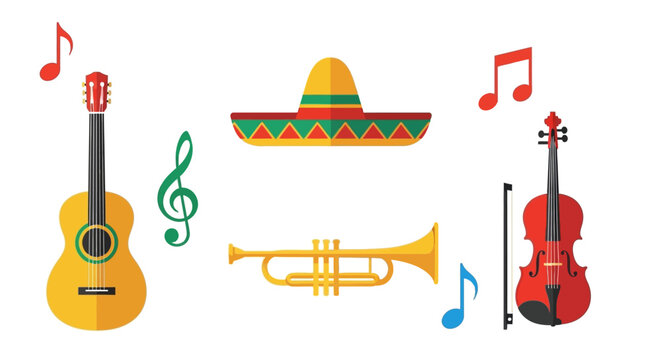 Mariachi music icons set represents traditional instruments and festive culture in flat vector style