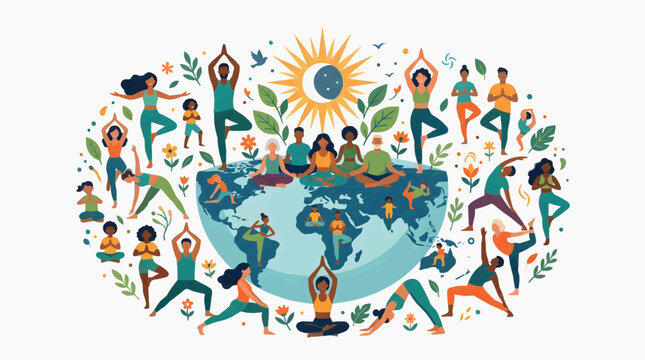 People from around the world practicing yoga on the globe with sun
