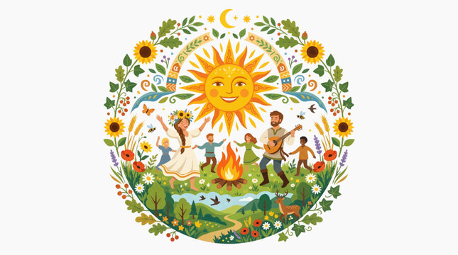 People dancing around campfire under smiling sun with floral wreath