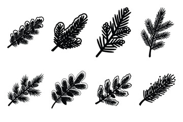 Obraz premium frosted pine branch silhouette icon set in black color on white background. Christmas Simple vector icons for web design.