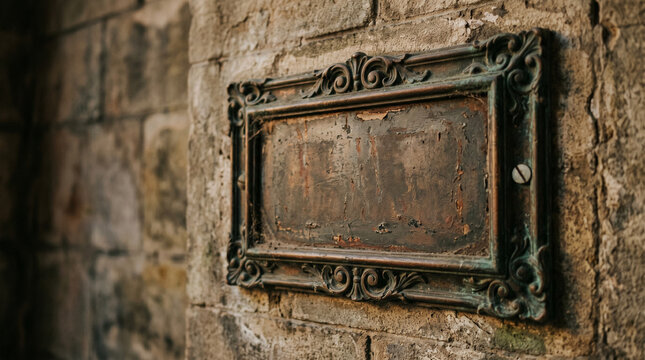 Ornate empty metal plaque mounted on a rough stone wall with old fashioned architecture historic decoration background building exterior historical