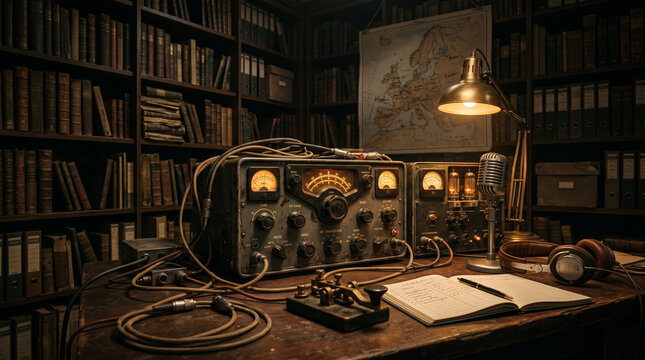 Vintage radio equipment and books in a study room with warm lighting old fashioned vacuum tubes morse code equipment technology communication