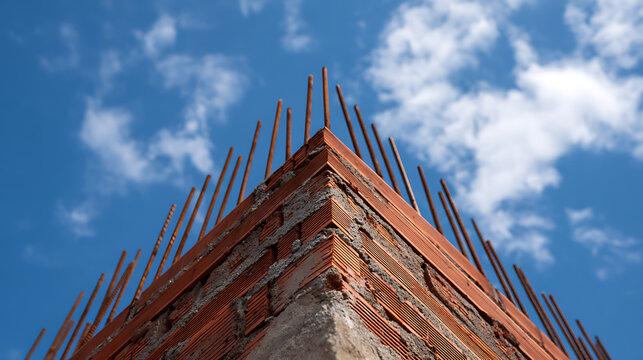 Industrial Viewpoint of a Corner Brick Wall with Exposed Rebar Against a Blue Sky, Illustrates Structure and Future Growth