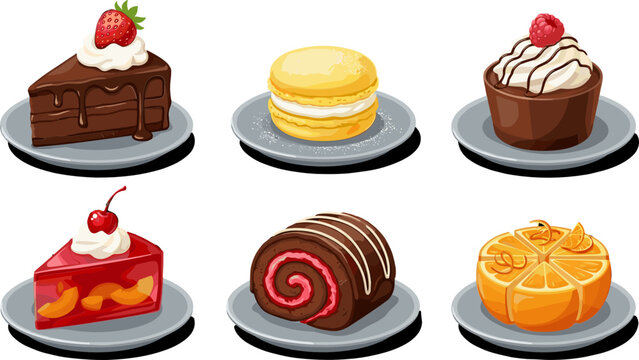 Gourmet Dessert Set Featuring Chocolate Cake Macaron Cupcake Cherry Tart Swiss Roll and Orange Tart for Bakery Menus Sweet Pastry Shop Branding and Dessert Catering Graphic Designs