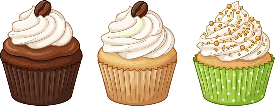 Gourmet Cupcake Vector Illustration Set Featuring Chocolate and Vanilla Flavors with Coffee Bean Toppers and Golden Sprinkles for Bakery Menus and Sweet Dessert Designs