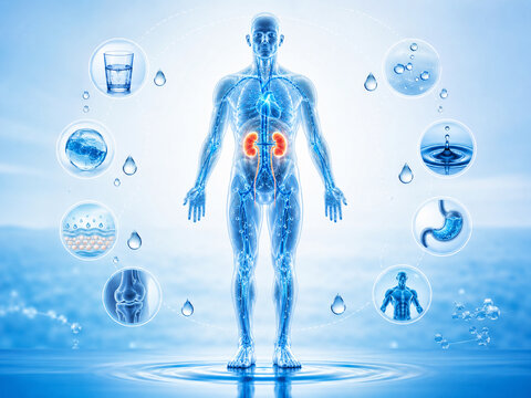 3D medical illustration of body water balance with highlighted kidneys.