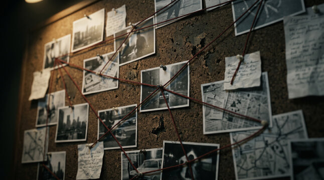 Crime investigation corkboard with photos maps string connections bulletin board theory board planning board business strategy mind map investigation