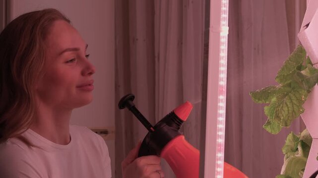 Woman refreshing mirror with spray. Casual woman cleaning mirror with spray in bright room. Relaxed woman using spray to clean mirror on vanity during peaceful morning routine