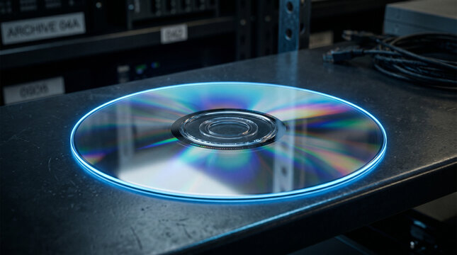 Cd or dvd disc glowing with blue light on a metal surface optical disc digital media server room data center round object information technology