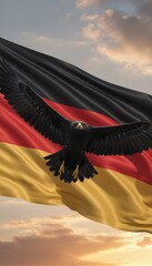 Golden eagle flying against German flag. National symbol of Germany representing pride and independence. State emblem used during Unity Day celebrations. Patriotic wildlife art concept.