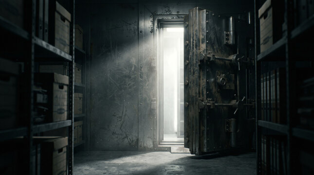 Dark dusty archive room with bright light shining from an open door creating dramatic shadows storage unit faint light dimly lit storage area forgotten