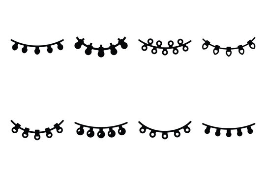 string lights silhouette icon set in black color on white background. Christmas Simple vector icons for web design.
