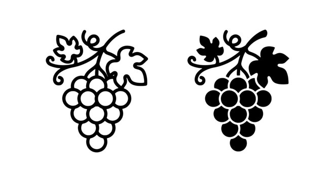 Grapes, black silhouette icons, fruit symbols, vine illustrations, food graphics