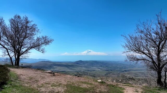Clear blue sky above rolling hills and distant snow-capped mountain. Bare trees frame the view. Green fields stretch toward horizon. Mountain peak rises above haze
