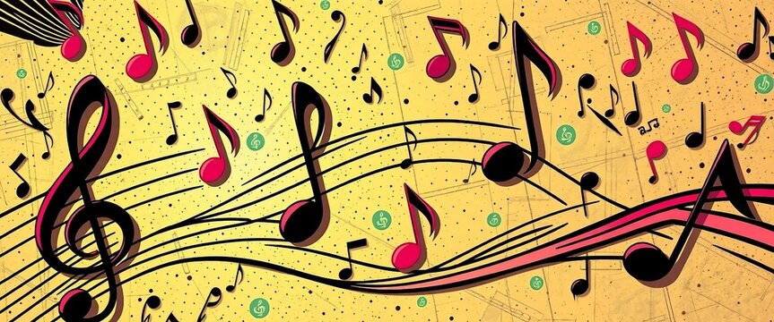 Colorful musical notes and flowing staff lines on a yellow textured background, perfect for music, rhythm and sound design themes.