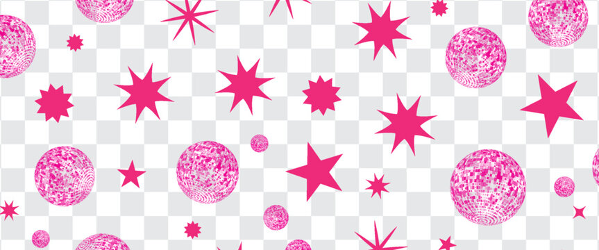 Pink Disco Ball Glitter Vector With Mirror Globe Set. Disco Ball Light for Party or Club Kit. Doodle Vector Illustration